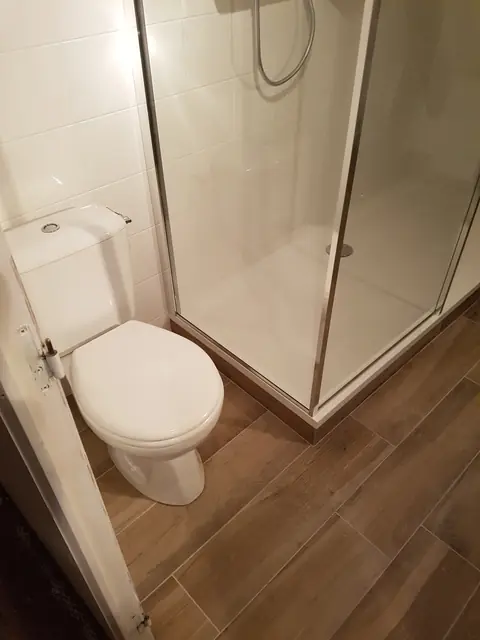 Douche avec paroi vitrée et sol carrelé imitation parquet